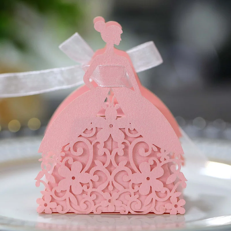 Laser Cut Pearl Paper Gift Boxes with Ribbon – Elegant Candy Chocolate Packaging for Wedding Favors, Engagements, Baby Showers, Birthday Parties, Bridal Showers, and Holiday Celebrations