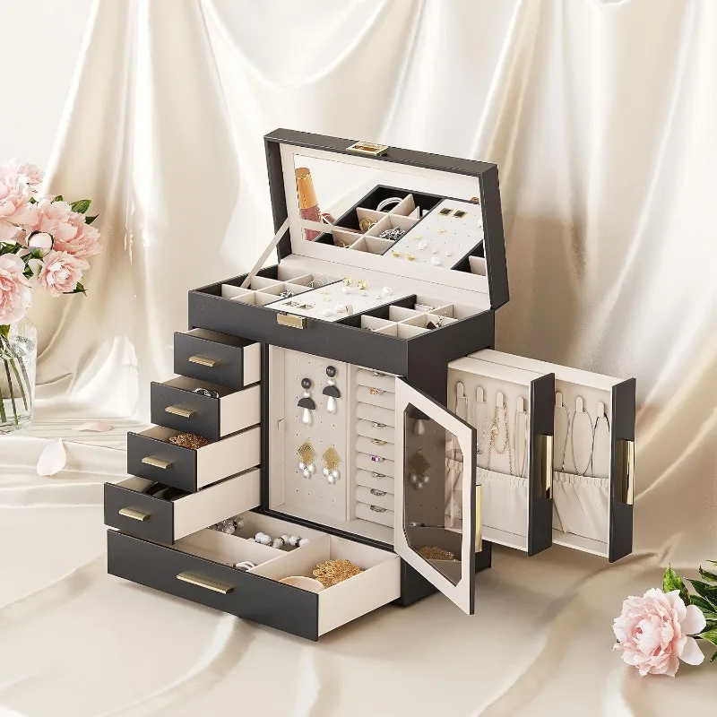 Jewelry Box with Mirror – Large-Capacity Jewelry Organizer Case with Multiple Compartments, Velvet Lining, and Handle for Rings, Necklaces, Earrings, and More – Portable & Elegant Design - 图片 2