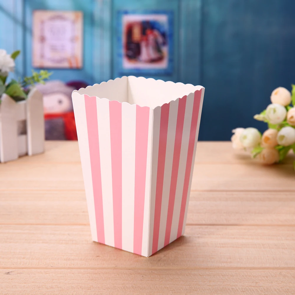 12-Pack Foldable Paper Popcorn Boxes – Colorful Treat Holders for Snacks, Candy, Chips – Party Favor Containers for Birthdays, Movie Nights, Baby Showers – Blue, Green, Pink Striped Design 6