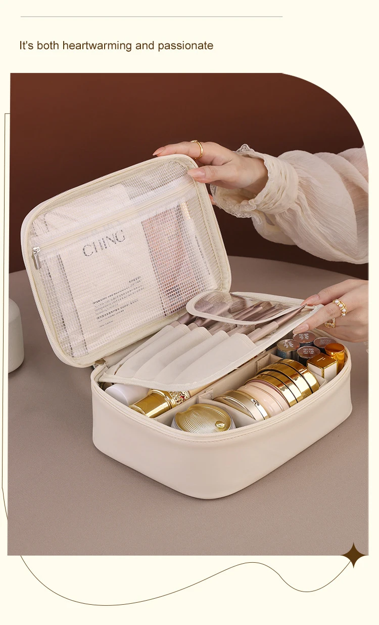 PU Leather Waterproof Cosmetic Bag with Compartments – Large Capacity Makeup Organizer for Travel, Toiletries, Brushes & Skincare – Portable Multifunctional Wash Pouch 9