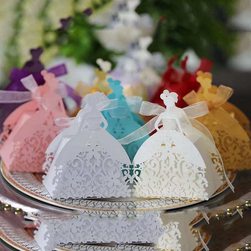 Laser Cut Pearl Paper Gift Boxes with Ribbon – Elegant Candy Chocolate Packaging for Wedding Favors, Engagements, Baby Showers, Birthday Parties, Bridal Showers, and Holiday Celebrations