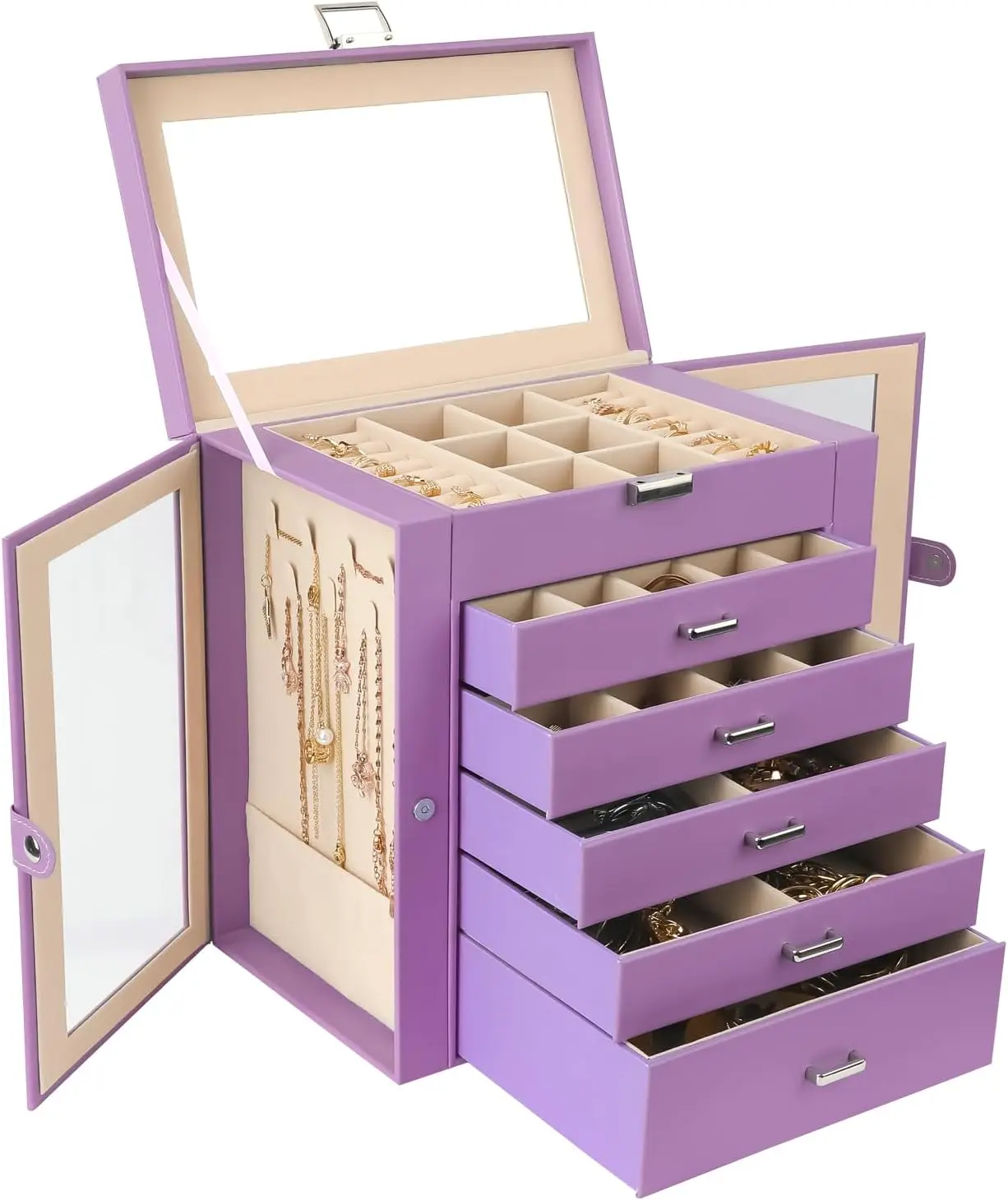 6-Layer Large Jewelry Box with Mirror – Multifunctional Jewelry Organizer with 5 Drawers and 2 Glass Side Doors, Spacious Storage for Necklaces, Rings, Earrings, Watches & More - 图片 10