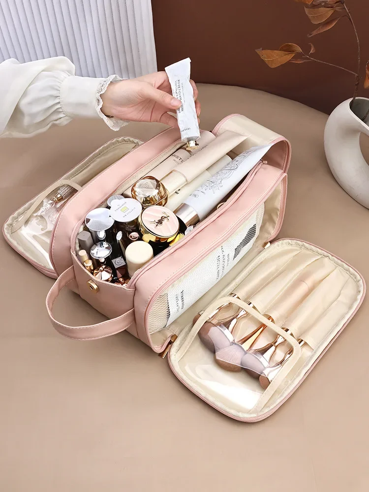 PU Leather Makeup Bag 💄 – Spacious Cosmetic Organizer with Compartments for Travel & Daily Use, Waterproof Toiletry Pouch, Stylish Storage for Skincare & Beauty Tools in Camel, Pink, Black, Houndstooth, White 2