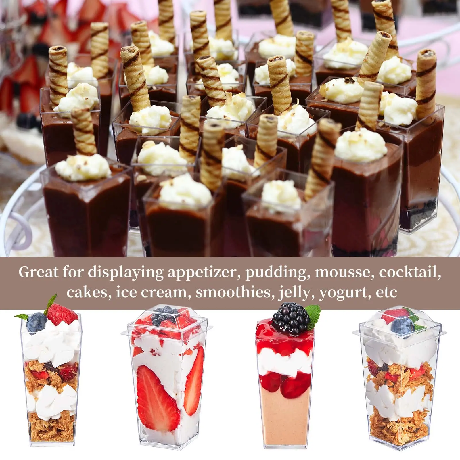 50Pcs 3oz Mini Dessert Cups with Lids and Spoons – Clear Square Plastic Parfait Cups for Appetizers, Pudding, Jello, Cheesecake, Mousse, Shooters – Disposable & Reusable Party Supplies - 图片 6