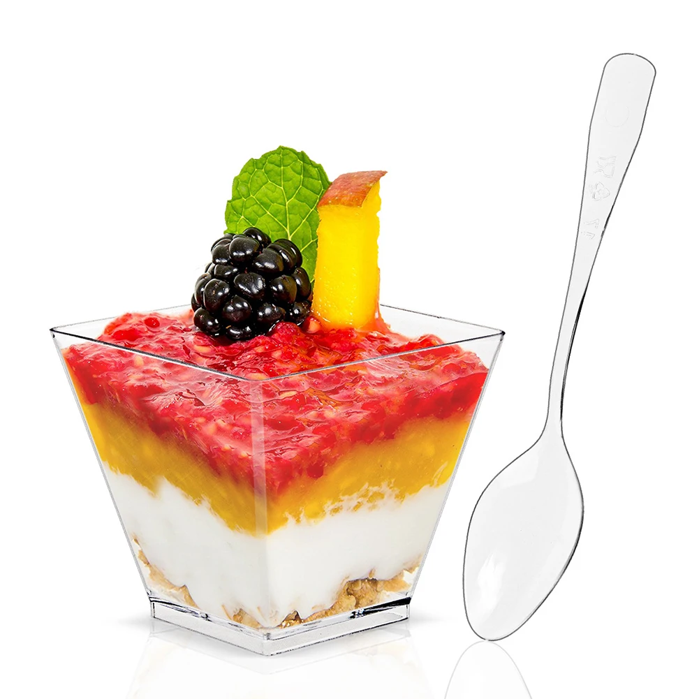 50 Pack 2oz Mini Square Dessert Cups with Spoons – Clear Disposable Plastic Parfait Appetizer Cups for Mousse, Jelly, Ice Cream, Pudding, Tasting Party Supplies - 图片 2