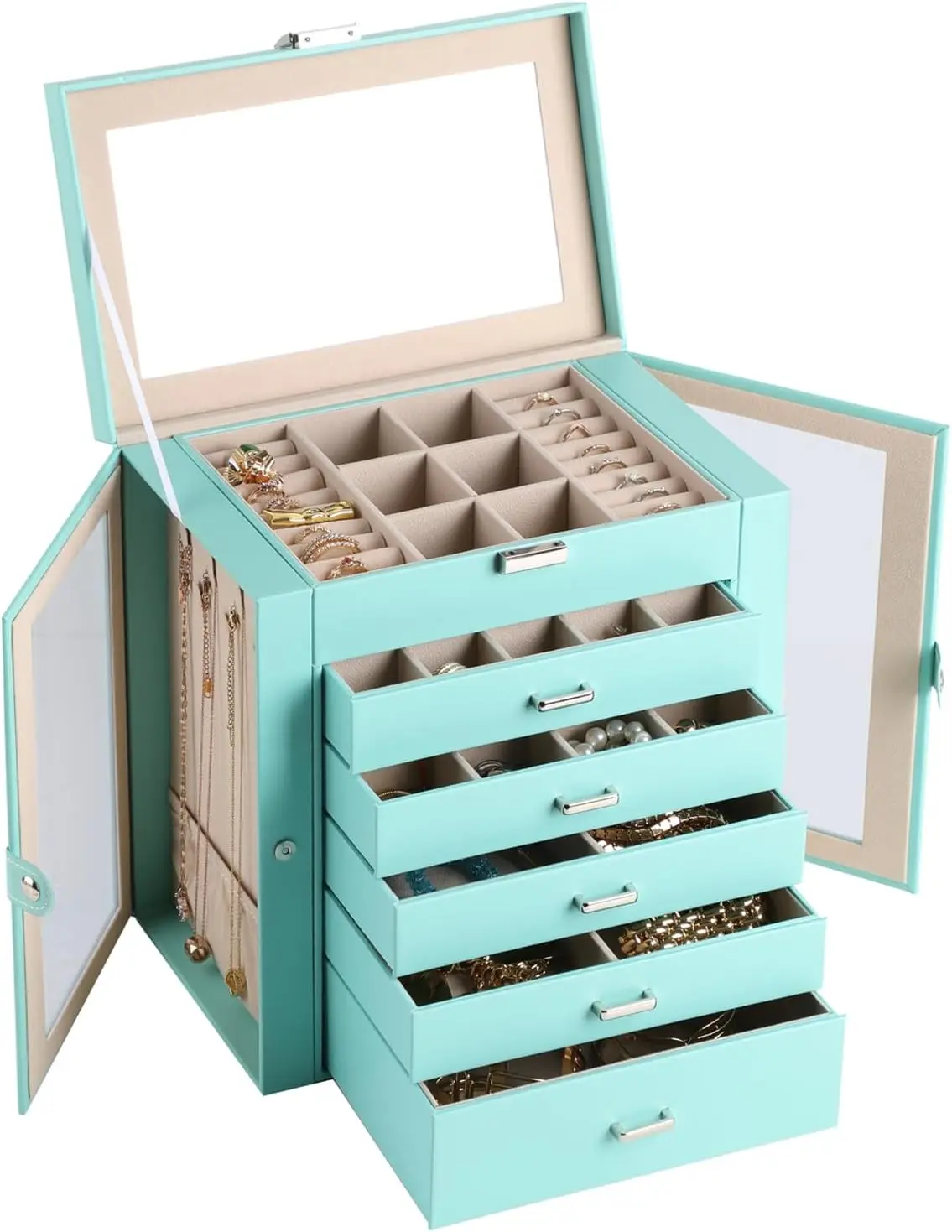 6-Layer Large Jewelry Box with Mirror – Multifunctional Jewelry Organizer with 5 Drawers and 2 Glass Side Doors, Spacious Storage for Necklaces, Rings, Earrings, Watches & More - 图片 8