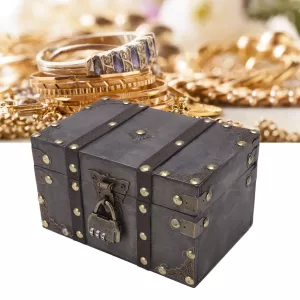 Vintage Wooden Treasure Chest with Coded Lock – Durable Wood Jewelry Box with Alloy Details for Storing Keepsakes, Gifts, Coins, Accessories, and Home Decoration. Retro Style.