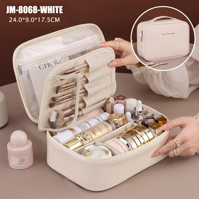 PU Leather Waterproof Cosmetic Bag with Compartments – Large Capacity Makeup Organizer for Travel, Toiletries, Brushes & Skincare – Portable Multifunctional Wash Pouch - 图片 11