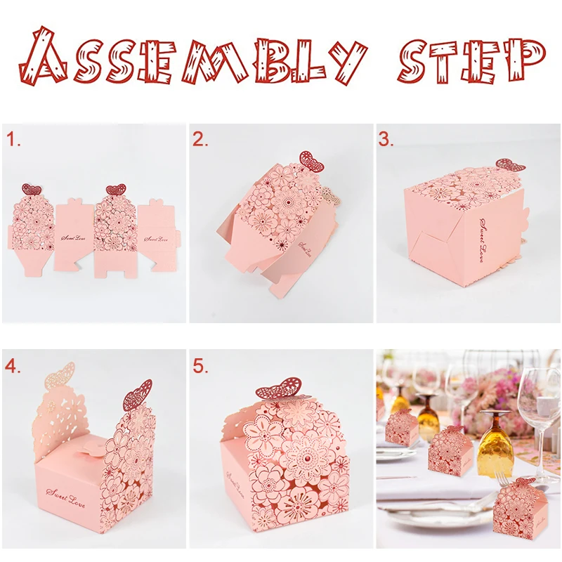 10/20Pcs Pink Butterfly Floral Laser Cut Candy Boxes for Wedding Favors, Birthday Party, Baby Shower – Chocolate Gift Packaging Box for Guests, Foldable Paper Card Box Decorations 12