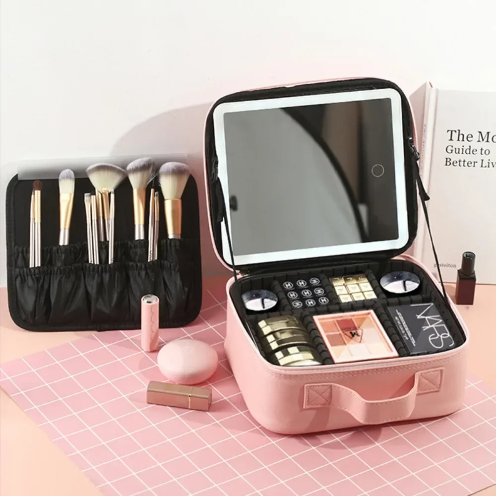Travel Makeup Bag with LED Lighted Mirror – Portable Cosmetic Organizer Case for Women – Touch Sensor Dimmable Light, Brush Holder, Zipper Pouch – Compact, Rechargeable, Stylish Design - 图片 5