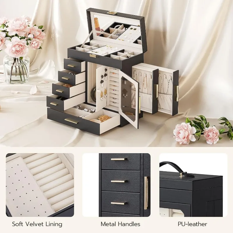 Jewelry Box with Mirror – Large-Capacity Jewelry Organizer Case with Multiple Compartments, Velvet Lining, and Handle for Rings, Necklaces, Earrings, and More – Portable & Elegant Design - 图片 6