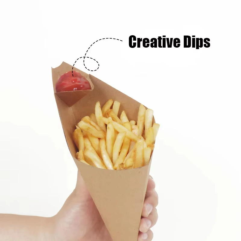 Disposable French Fry Cones – Kraft Paper Snack Holders for Popcorn, Nachos, Fries, and Street Food – Greaseproof, Eco-Friendly Paper Food Cones for Parties, Events, Food Trucks – 100 Pack