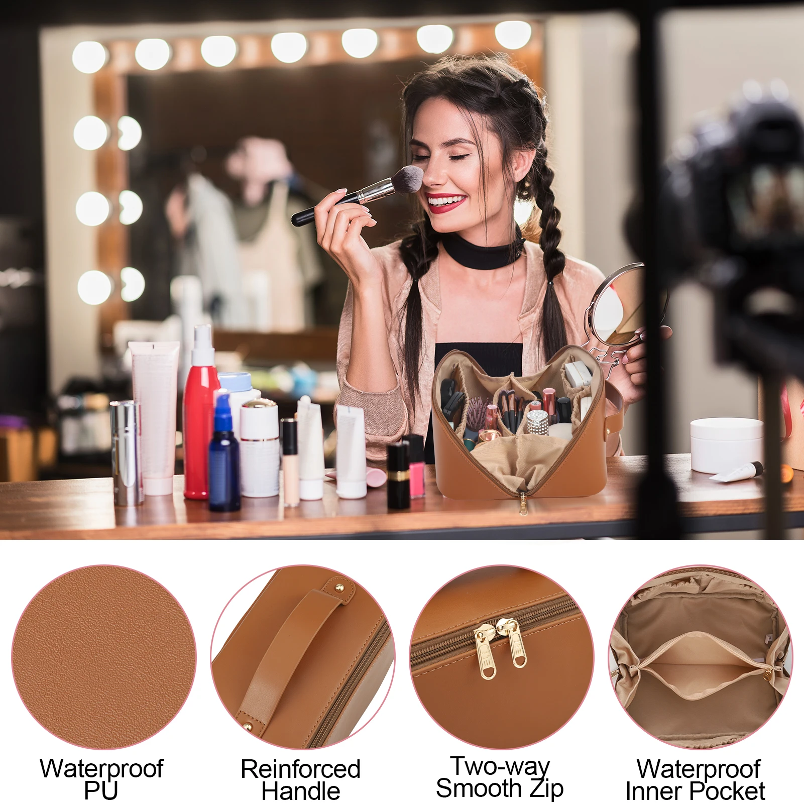 Travel Makeup Bag with Divider & Handle – Waterproof PU Leather Toiletry Organizer for Women – Flat-Opening Large Capacity Cosmetic Case with Inner Pocket – Portable for Travel & Daily Use - 图片 3