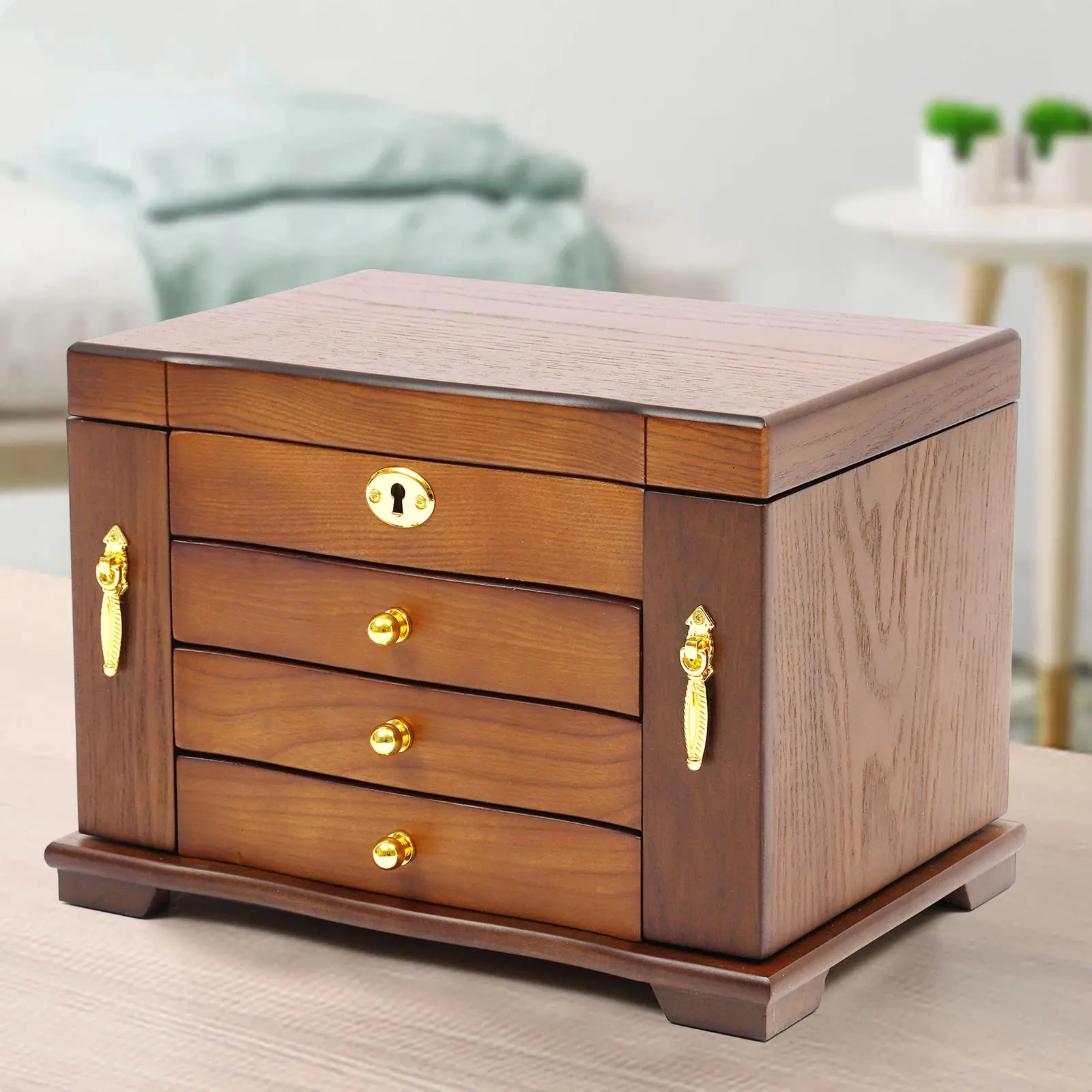 Retro Wooden Jewelry Box with 4 Tiers, Velvet Lining, Mirror, Magnetic Side Doors & Key Lock – Elegant Organizer for Rings, Necklaces, Earrings & More, Secure & Stylish Storage Solution 2
