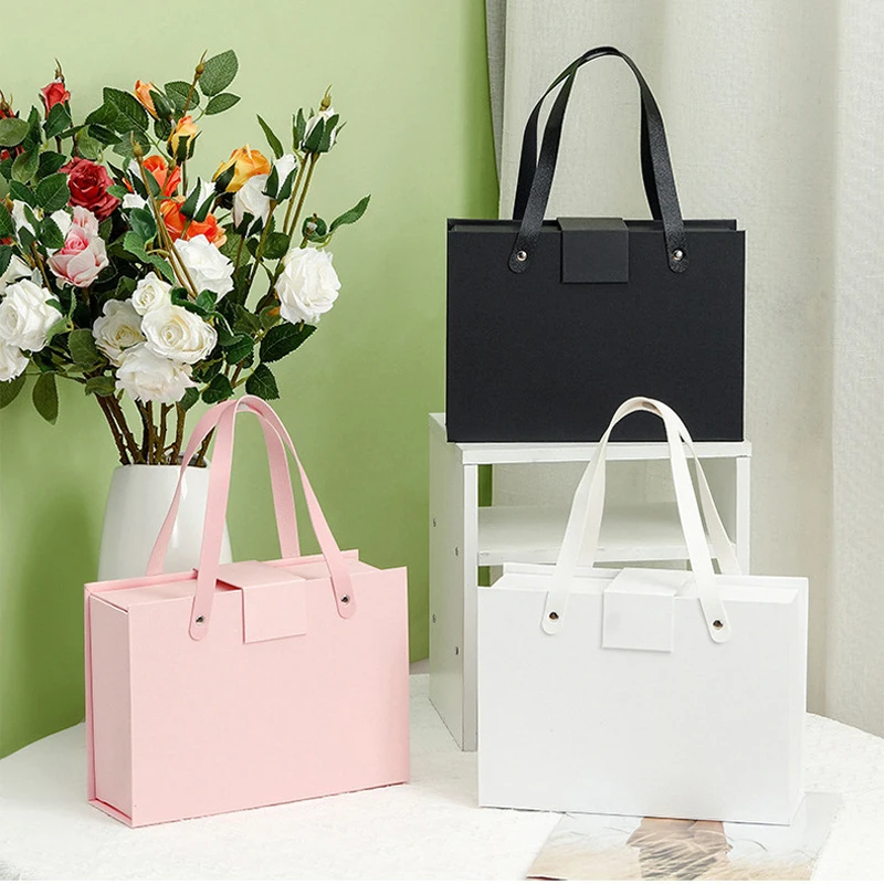 Luxury Magnetic Gift Box with Handle – Foldable Cardboard Gift Packaging Box for Wedding, Birthday, Retail & More – Pink & Black Color Options – In Stock, Ready to Ship – Custom Logo Available