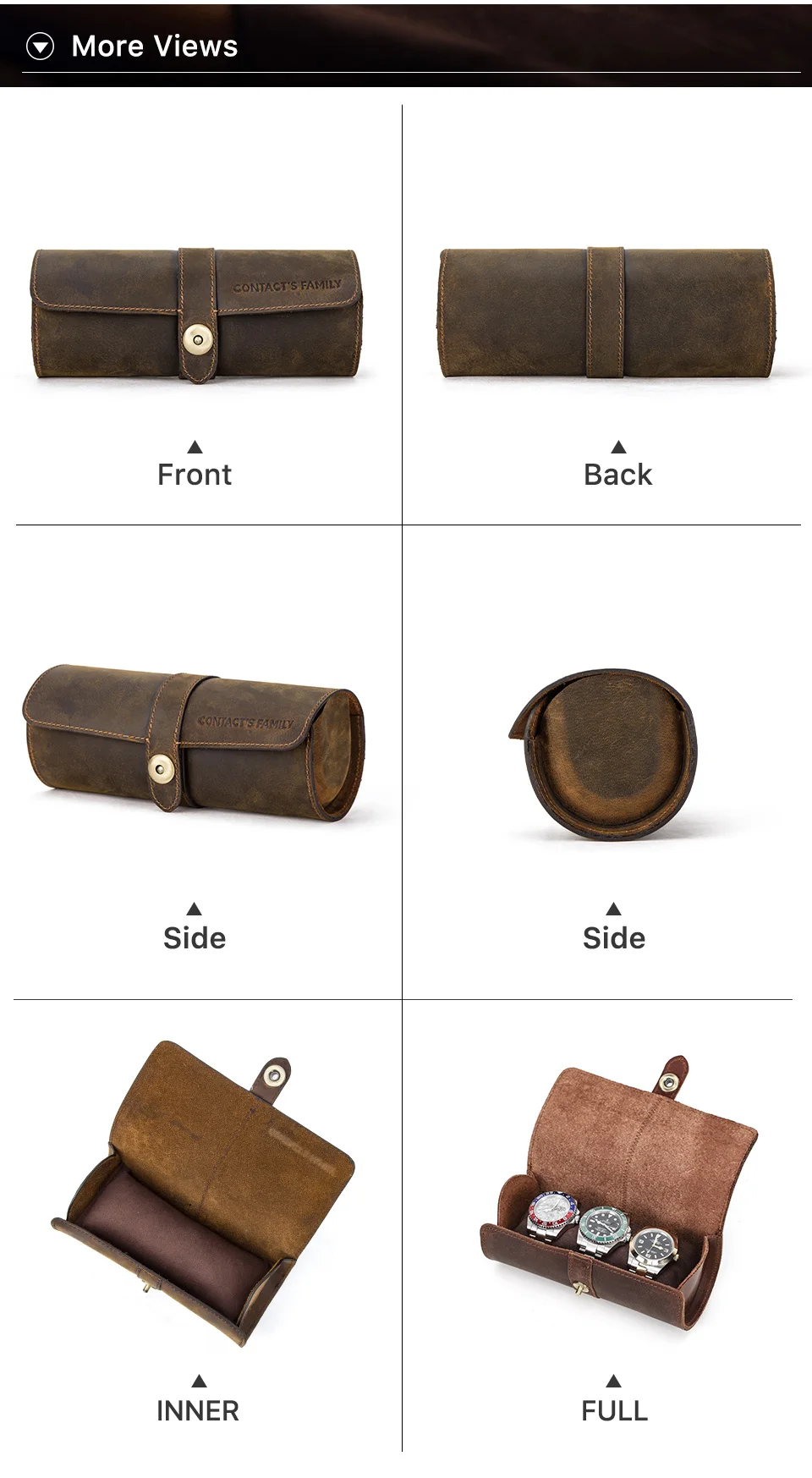 Crazy Horse Leather Watch Roll Case – Travel Watch Organizer for 2/3/4 Slots, Hand-Stitched Genuine Leather Storage for Men’s Watches – Portable Vintage Style Watch Holder Gift Box 4