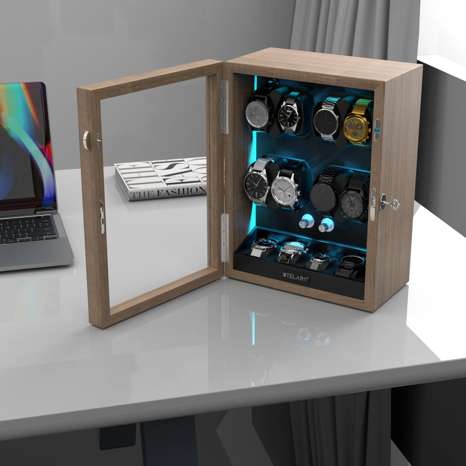 Luxury 8-Watch Automatic Winder with 4 Extra Storage, Aurora Blue LED, Quiet Japanese Motor, 4 Rotation Modes, Lockable Display Case, Flexible Pillows, Wood Grain Finish 10