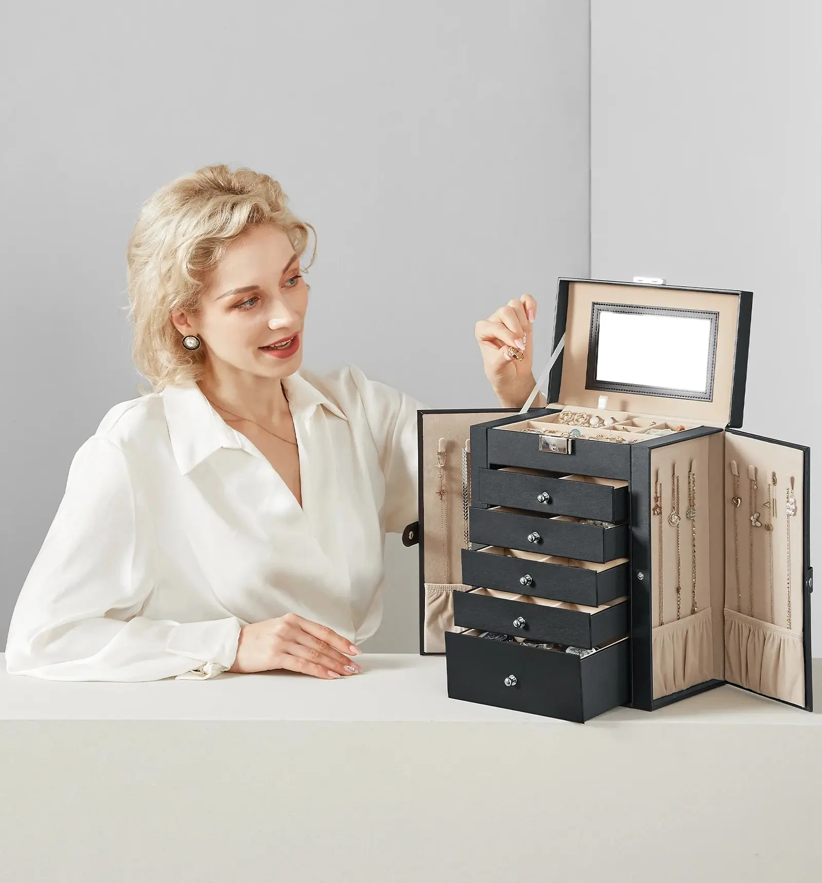 6-Tier Lockable Jewelry Box – Large Capacity Organizer with 5 Drawers, Built-In Mirror,... - SKU LJB23463 - UGI Packaging