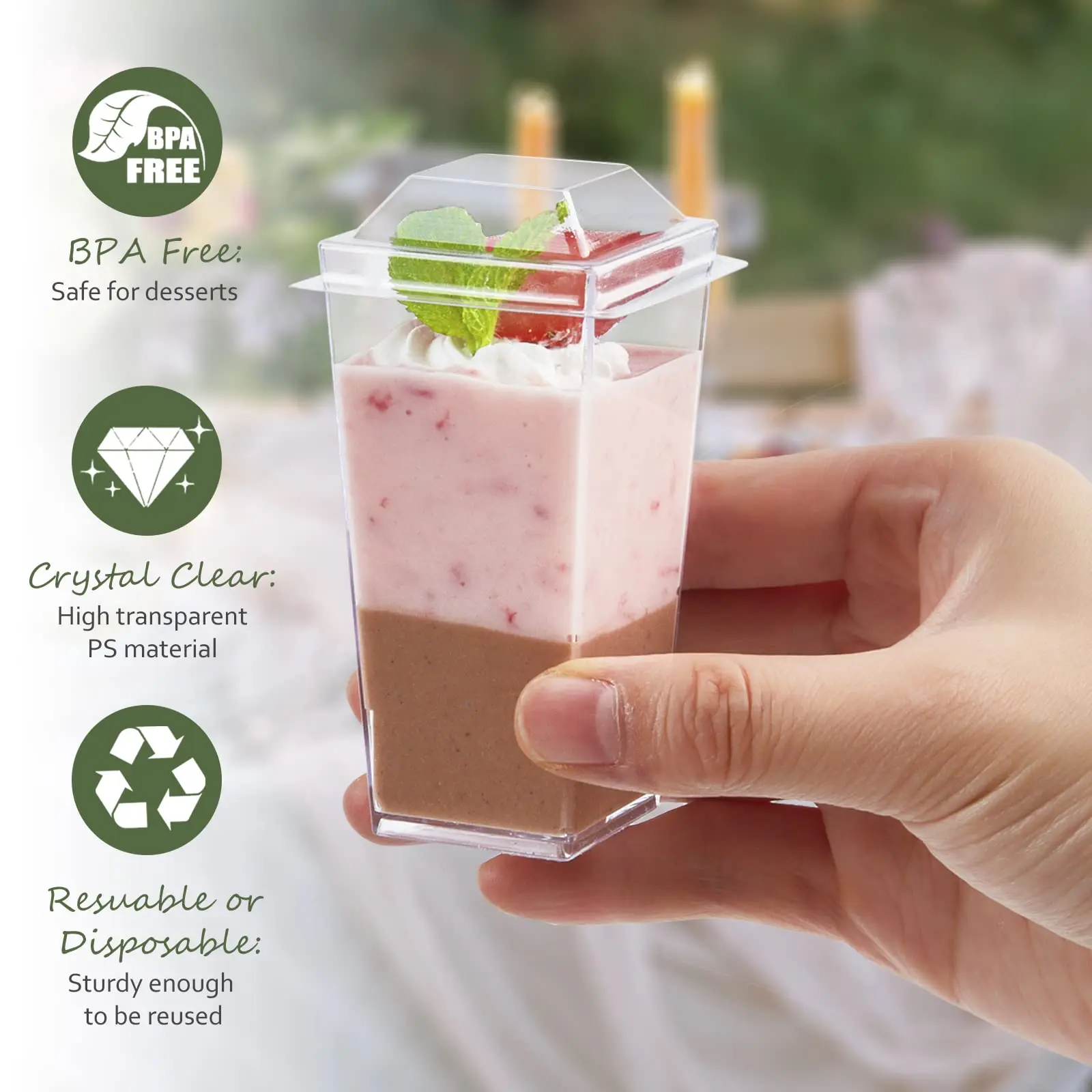 50Pcs 3oz Mini Dessert Cups with Lids and Spoons – Clear Square Plastic Parfait Cups for Appetizers, Pudding, Jello, Cheesecake, Mousse, Shooters – Disposable & Reusable Party Supplies - 图片 2