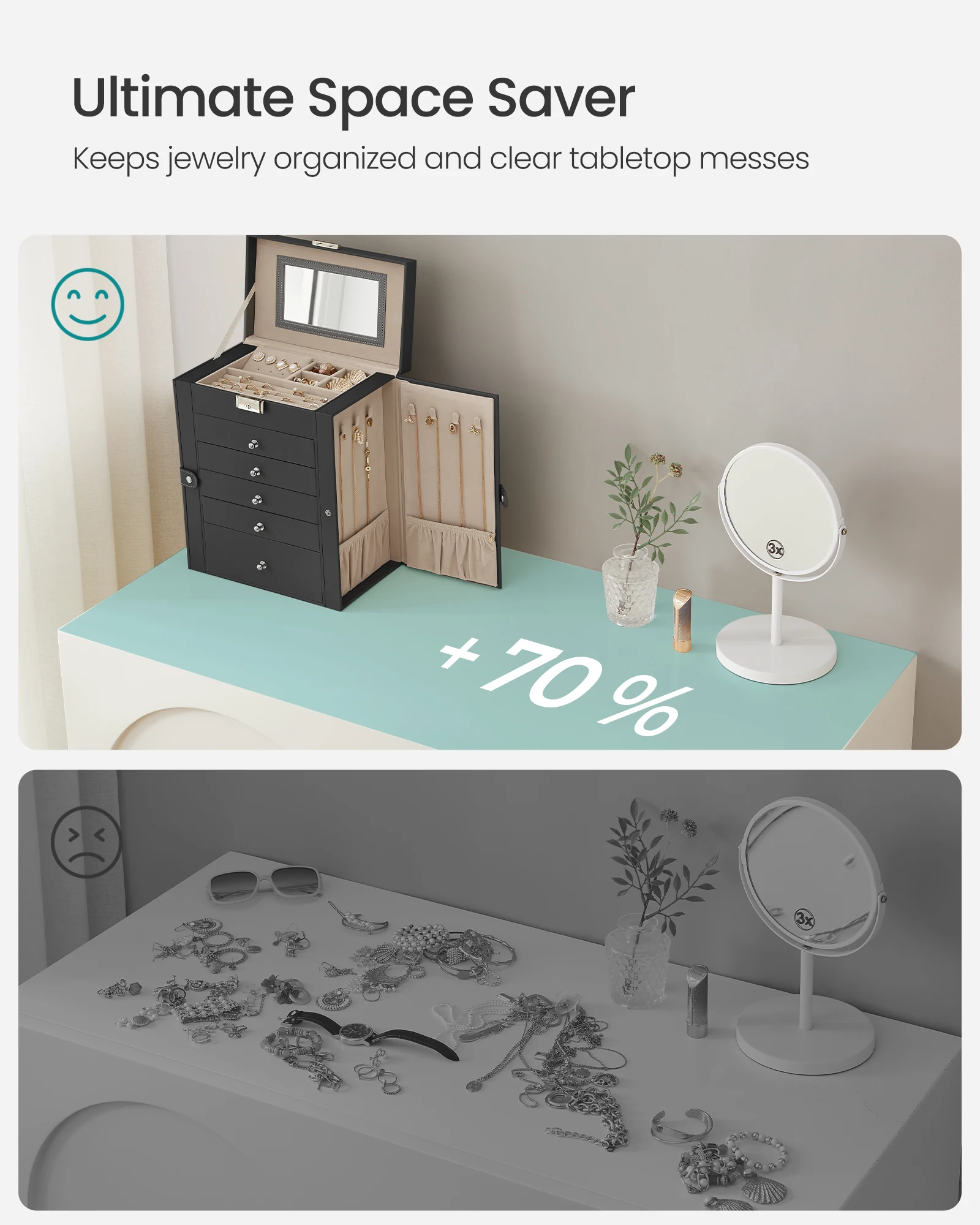 6-Tier Lockable Jewelry Box – Large Capacity Organizer with 5 Drawers, Built-In Mirror, Ideal for Storing Rings, Earrings, Necklaces, Bracelets & More. Elegant Design for Home or Gift Use. 5