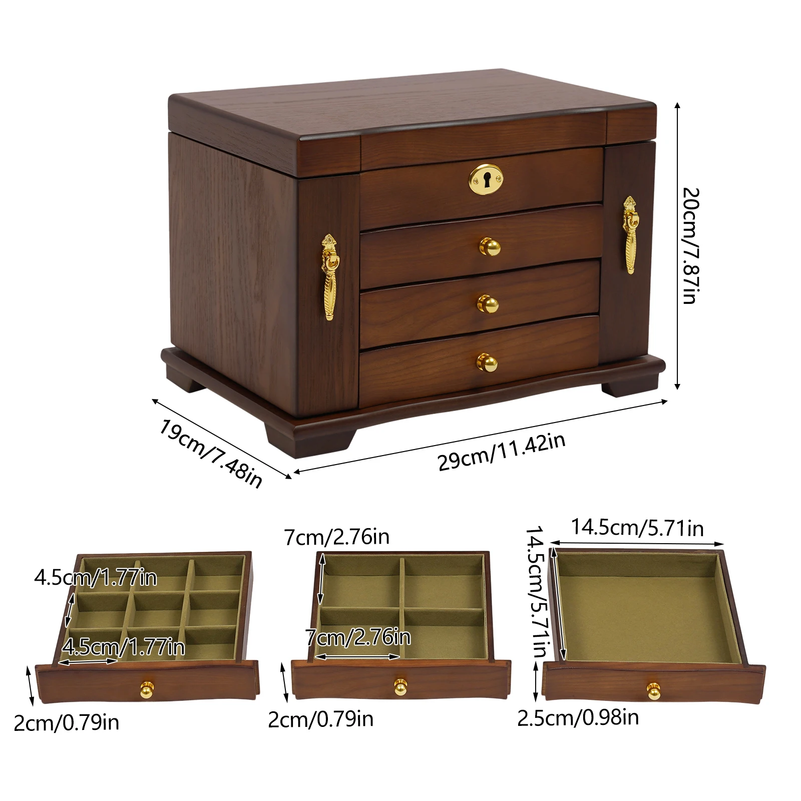 Retro Wooden Jewelry Box with 4 Tiers, Velvet Lining, Mirror, Magnetic Side Doors & Key Lock – Elegant Organizer for Rings, Necklaces, Earrings & More, Secure & Stylish Storage Solution 4