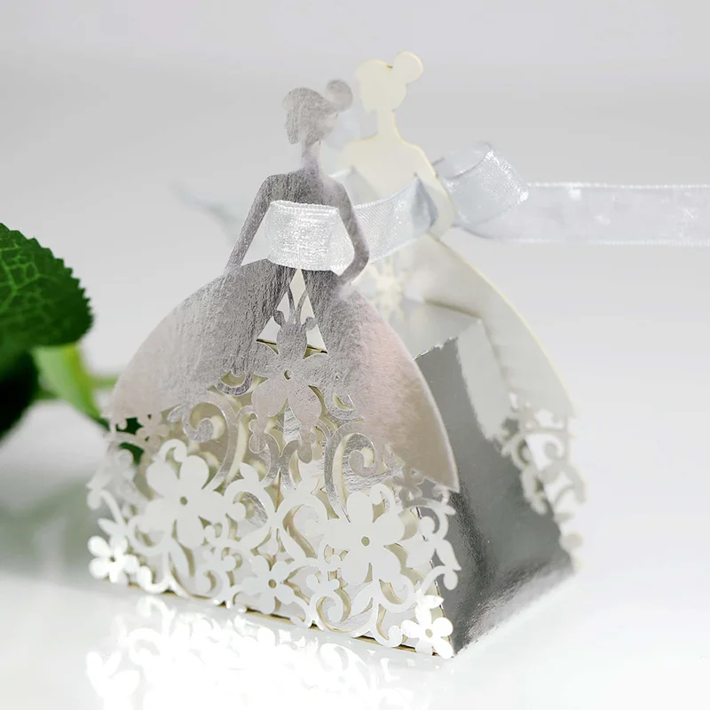 Laser Cut Pearl Paper Gift Boxes with Ribbon – Elegant Candy Chocolate Packaging for Wedding Favors, Engagements, Baby Showers, Birthday Parties, Bridal Showers, and Holiday Celebrations