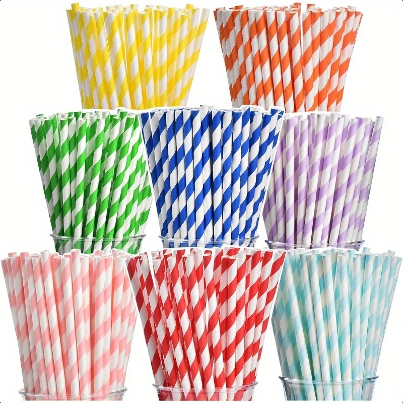 Biodegradable Paper Straws – Assorted striped, high-quality and eco-friendly straws perfect for smoothies, birthdays, weddings, and party decorations. Durable and compostable for guilt-free fun.