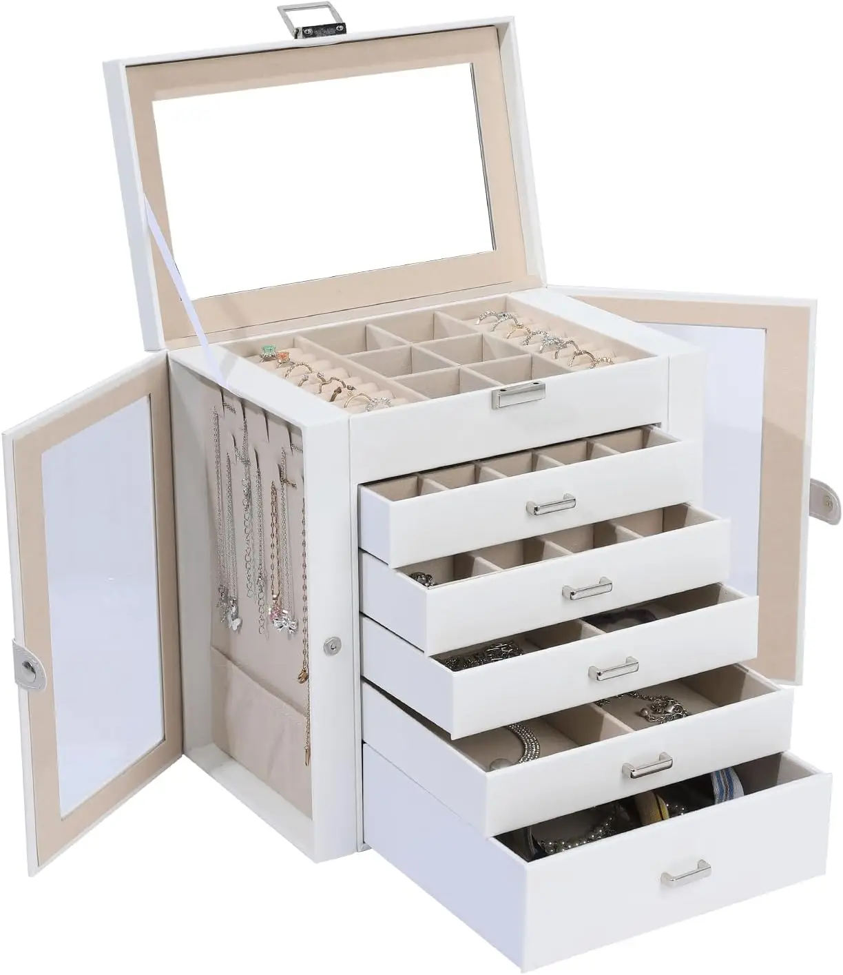 6-Layer Large Jewelry Box with Mirror – Multifunctional Jewelry Organizer with 5 Drawers and 2 Glass Side Doors, Spacious Storage for Necklaces, Rings, Earrings, Watches & More - 图片 9