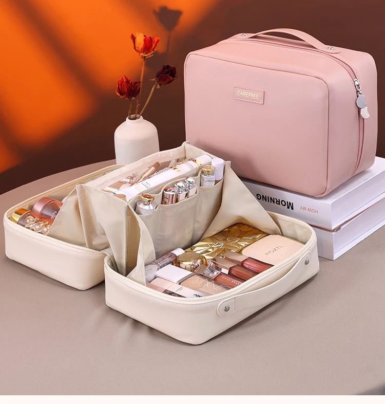 PU Leather Waterproof Cosmetic Bag with Compartments – Large Capacity Makeup Organizer for Travel, Toiletries, Brushes & Skincare – Portable Multifunctional Wash Pouch