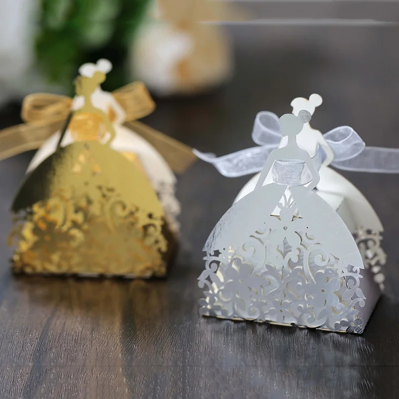 Laser Cut Pearl Paper Gift Boxes with Ribbon – Elegant Candy Chocolate Packaging for Wedding Favors, Engagements, Baby Showers, Birthday Parties, Bridal Showers, and Holiday Celebrations