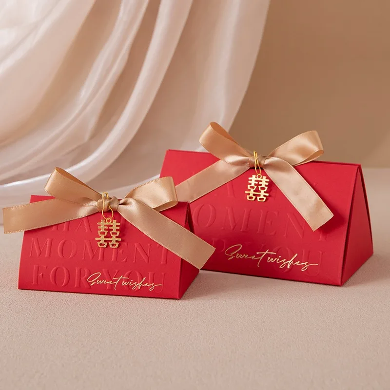 Triangular Champagne Wedding Gift Boxes – Candy Packaging Favor Boxes with Ribbon for Baby Shower, Engagement, Birthday, Party Decoration, Wooden Ring Box Style Design - 图片 15