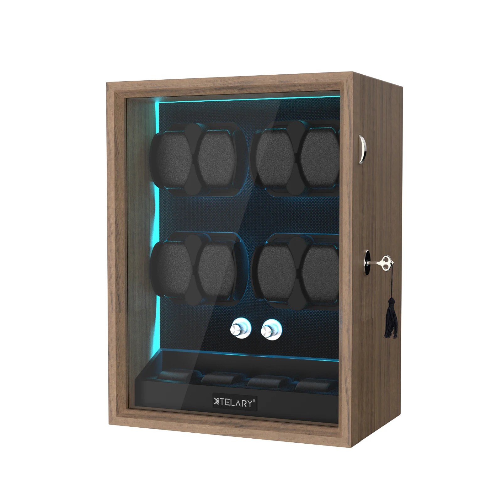 Luxury 8-Watch Automatic Winder with 4 Extra Storage, Aurora Blue LED, Quiet Japanese Motor, 4 Rotation Modes, Lockable Display Case, Flexible Pillows, Wood Grain Finish - 图片 7