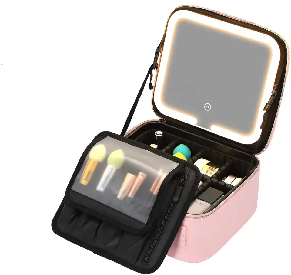 Travel Makeup Bag with LED Lighted Mirror – Portable Cosmetic Organizer Case for Women – Touch Sensor Dimmable Light, Brush Holder, Zipper Pouch – Compact, Rechargeable, Stylish Design - 图片 4