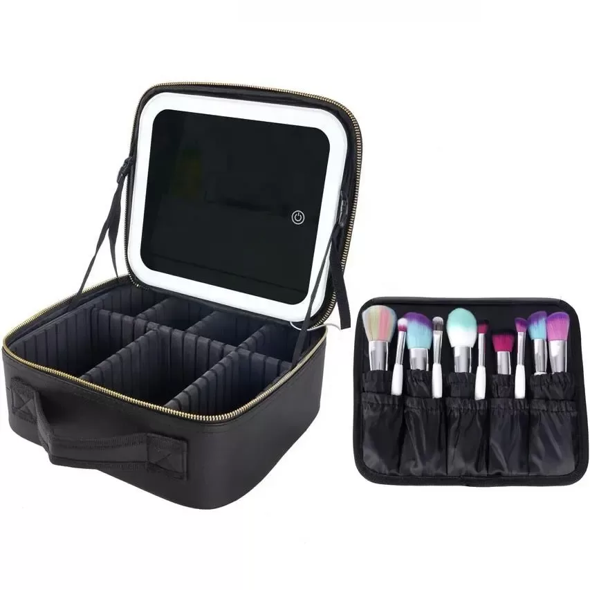 Travel Makeup Bag with LED Lighted Mirror – Portable Cosmetic Organizer Case for Women – Touch Sensor Dimmable Light, Brush Holder, Zipper Pouch – Compact, Rechargeable, Stylish Design - 图片 2