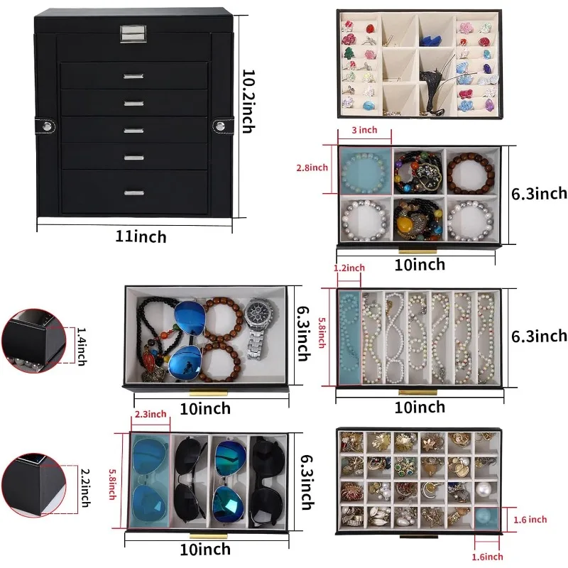 6-Layer Large Jewelry Box with Mirror – Multifunctional Jewelry Organizer with 5 Drawers and 2 Glass Side Doors, Spacious Storage for Necklaces, Rings, Earrings, Watches & More - 图片 4