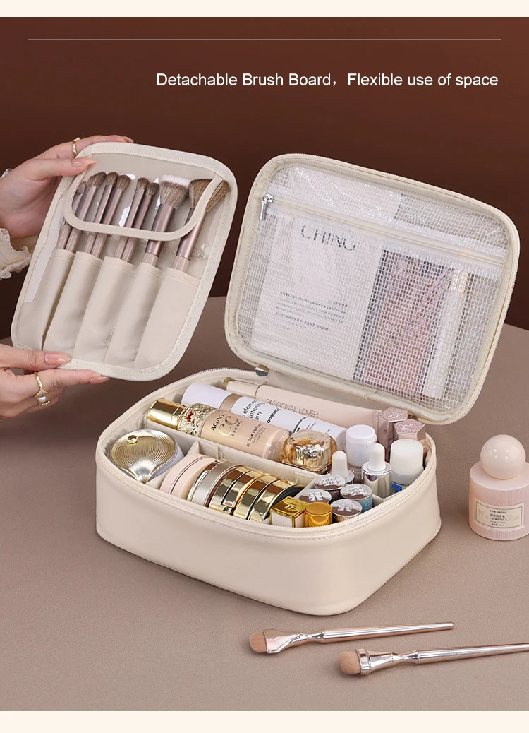 PU Leather Waterproof Cosmetic Bag with Compartments – Large Capacity Makeup Organizer for Travel, Toiletries, Brushes & Skincare – Portable Multifunctional Wash Pouch 10