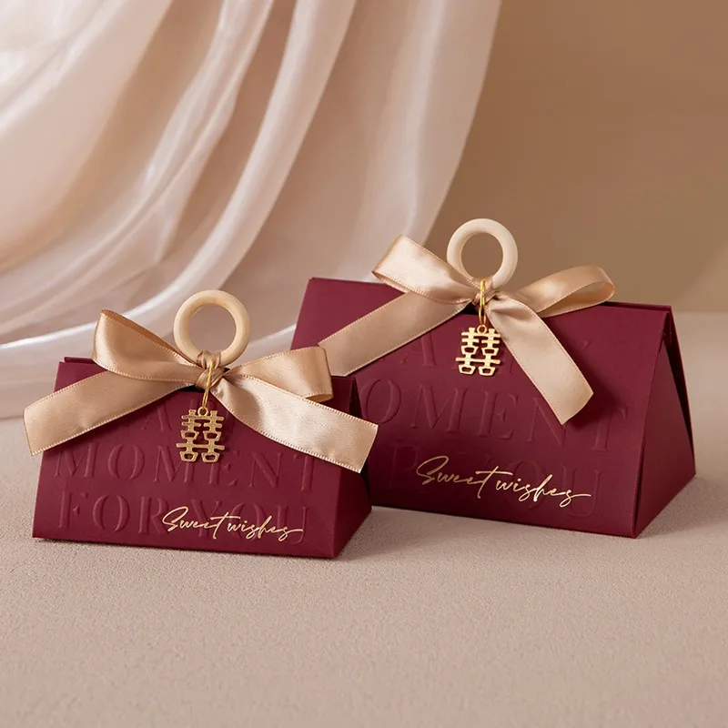 Triangular Champagne Wedding Gift Boxes – Candy Packaging Favor Boxes with Ribbon for Baby Shower, Engagement, Birthday, Party Decoration, Wooden Ring Box Style Design - 图片 21