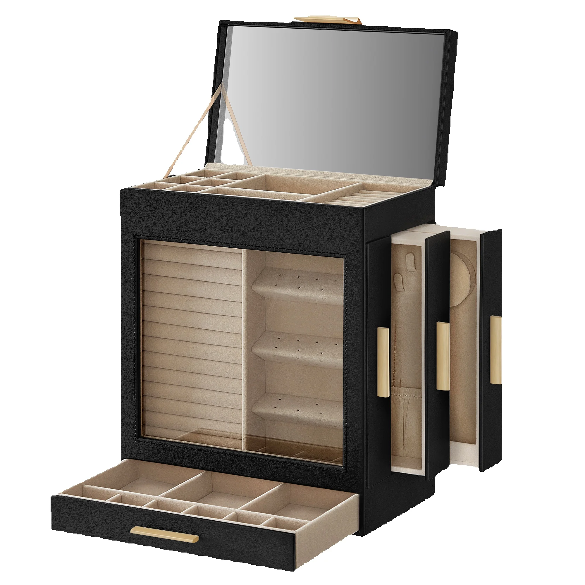 5-Layer Jewelry Organizer Box with Glass Window – Features 3 Side Drawers, Large Mirror, and Ample Storage Space for Rings, Earrings, Necklaces, Bracelets. Modern Design, Ideal for Home or Gift Use. - 图片 7