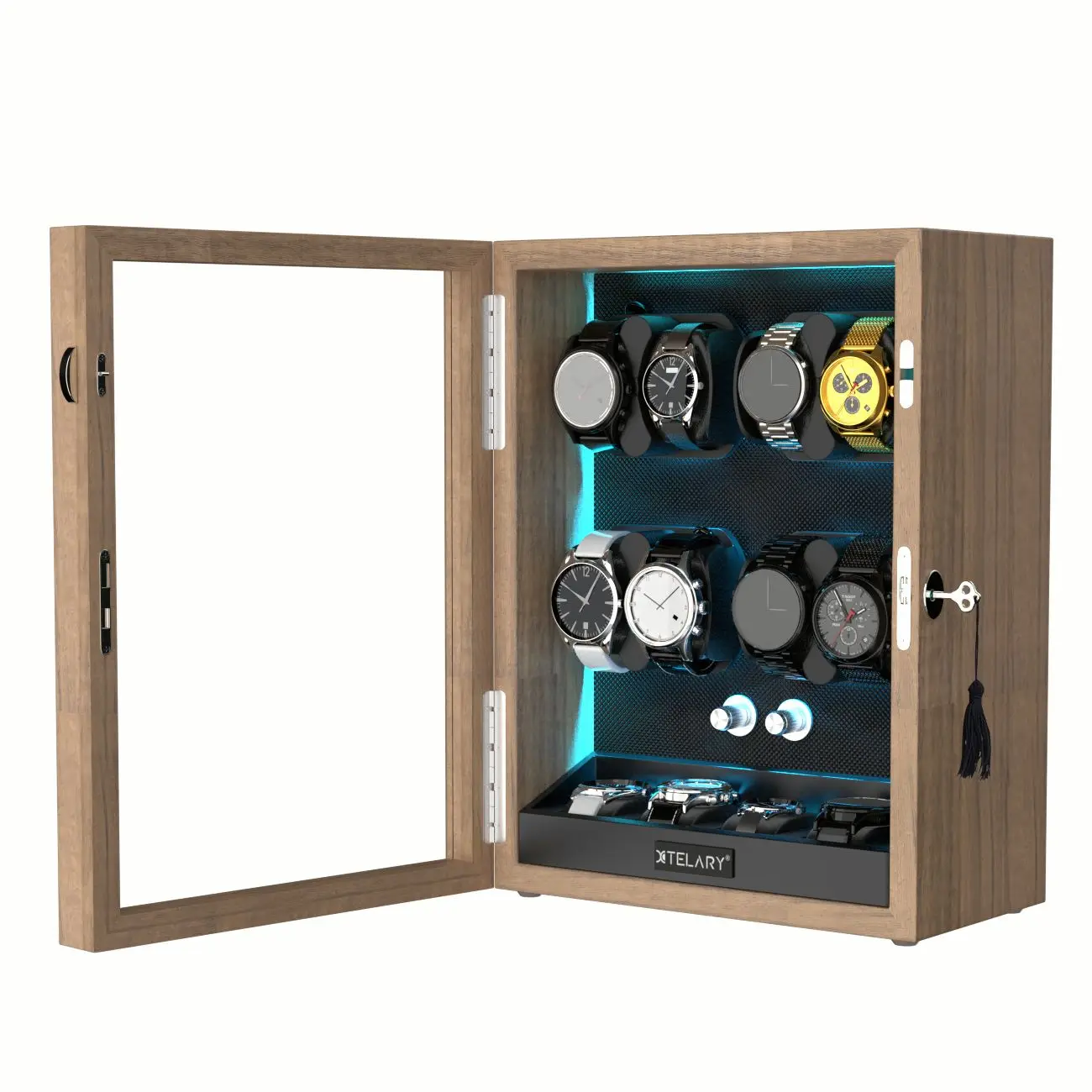 Luxury 8-Watch Automatic Winder with 4 Extra Storage, Aurora Blue LED, Quiet Japanese Motor, 4 Rotation Modes, Lockable Display Case, Flexible Pillows, Wood Grain Finish - 图片 2