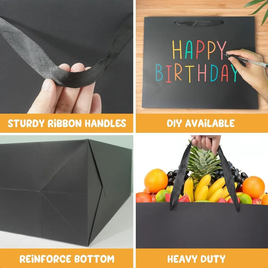 Black Gift Bags with Tissue Paper Set - 6 Pack Medium 10.5"x4"x8.1" Kraft Paper Shopping Bags with Ribbon Handles for Takeaway, Retail, Business, Weddings & Special Events - 图片 3