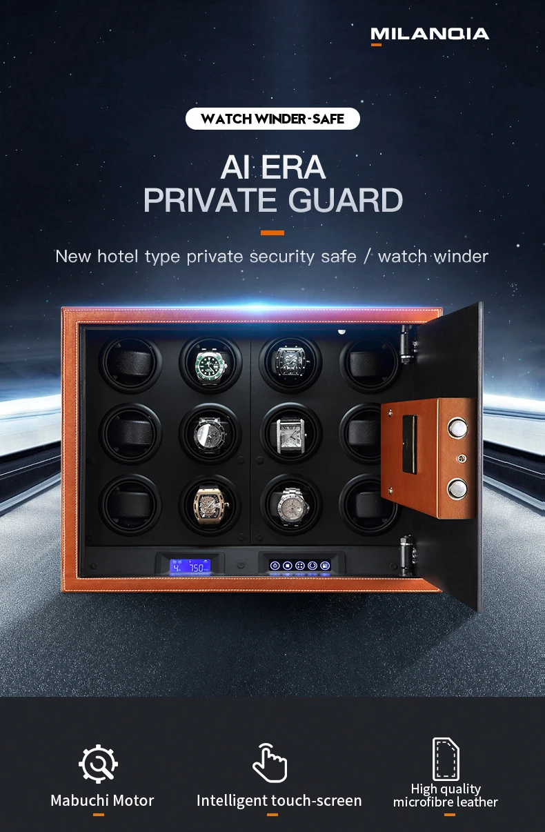 Luxury Automatic Watch Winder Safe Box – 12 Slot Brown Display Case with Quiet Motor, LED Touchscreen, Dual Lock Security, Rotation Settings for Mechanical Watches, Storage Organizer 1