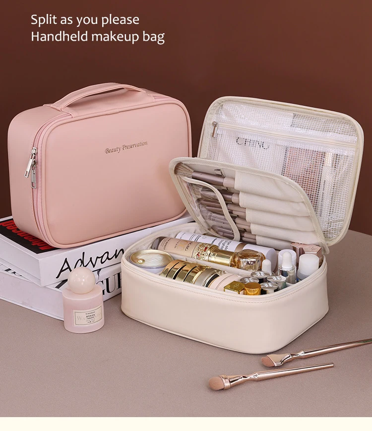 PU Leather Waterproof Cosmetic Bag with Compartments – Large Capacity Makeup Organizer for Travel, Toiletries, Brushes & Skincare – Portable Multifunctional Wash Pouch 8