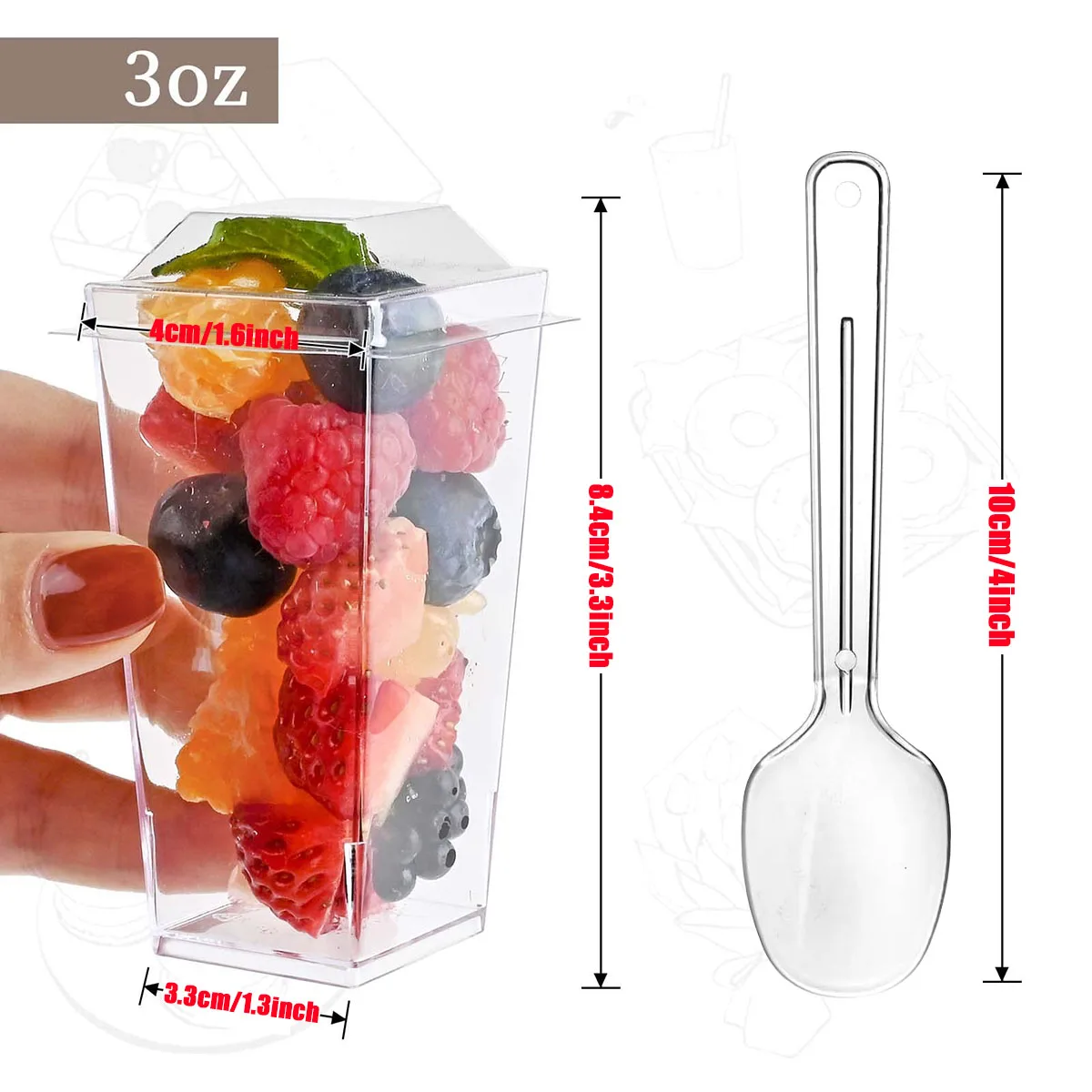 50Pcs 3oz Mini Dessert Cups with Lids and Spoons – Clear Square Plastic Parfait Cups for Appetizers, Pudding, Jello, Cheesecake, Mousse, Shooters – Disposable & Reusable Party Supplies - 图片 3