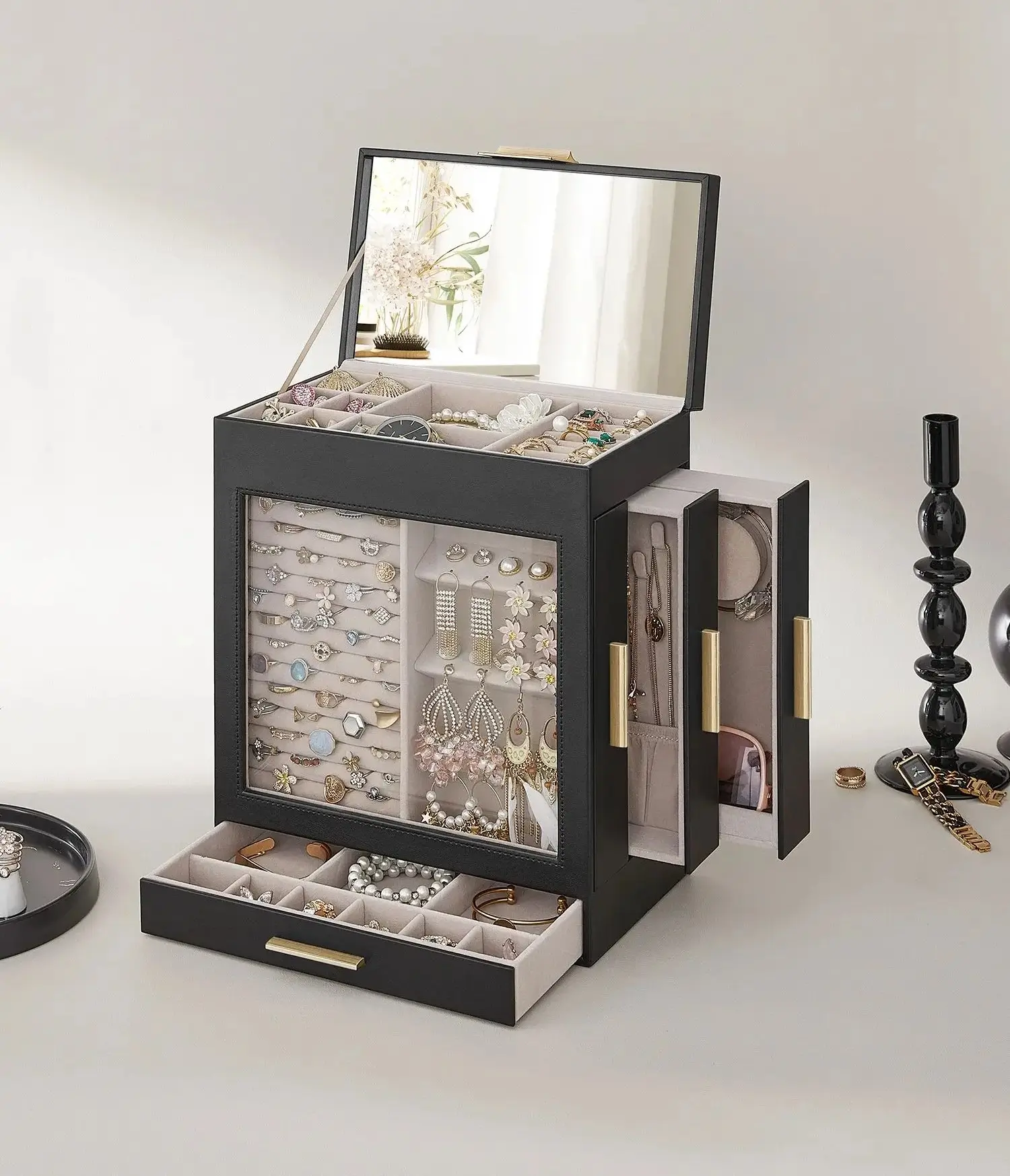 5-Layer Jewelry Organizer Box with Glass Window – Features 3 Side Drawers, Large Mirror... - SKU JGB17312 - UGI Packaging