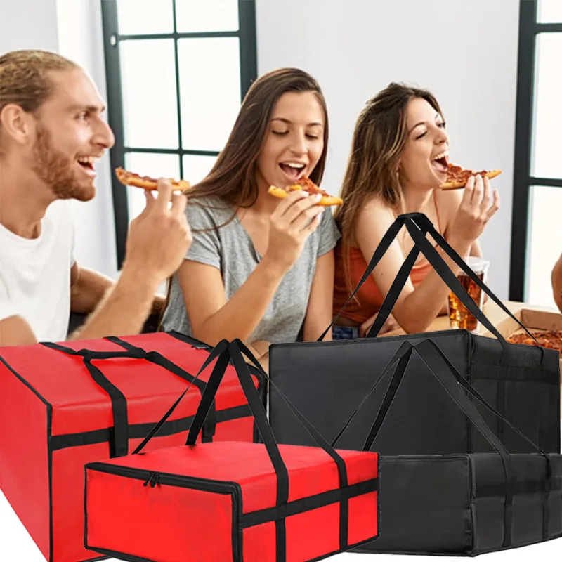 Waterproof reusable insulated pizza delivery bag keeps food hot or cold. Portable and durable, perfect for pizza delivery, grocery shopping, picnics, and food storage on the go. 2