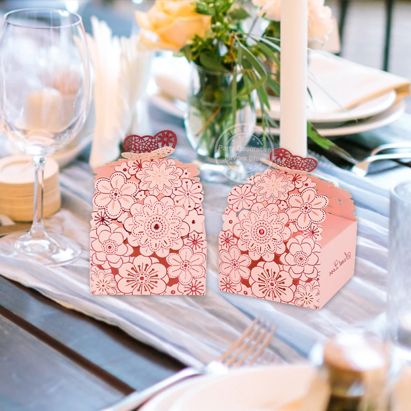 10/20Pcs Pink Butterfly Floral Laser Cut Candy Boxes for Wedding Favors, Birthday Party, Baby Shower – Chocolate Gift Packaging Box for Guests, Foldable Paper Card Box Decorations - 图片 4