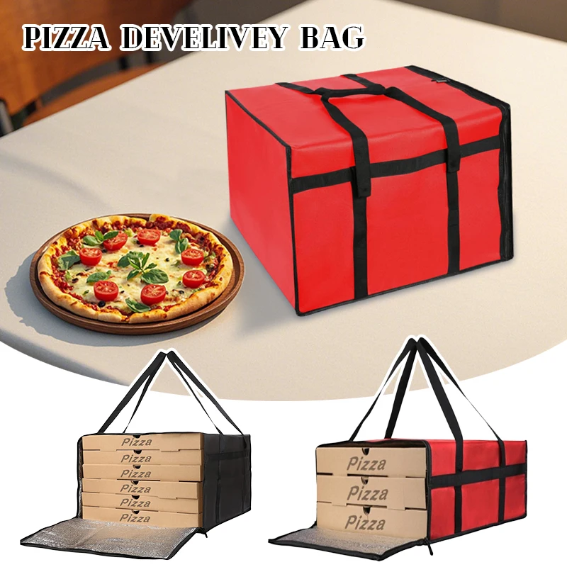 Waterproof reusable insulated pizza delivery bag keeps food hot or cold. Portable and durable, perfect for pizza delivery, grocery shopping, picnics, and food storage on the go.