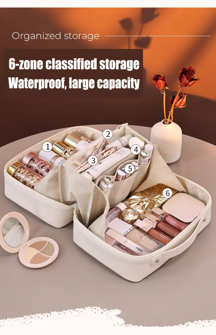 PU Leather Waterproof Cosmetic Bag with Compartments – Large Capacity Makeup Organizer for Travel, Toiletries, Brushes & Skincare – Portable Multifunctional Wash Pouch 1