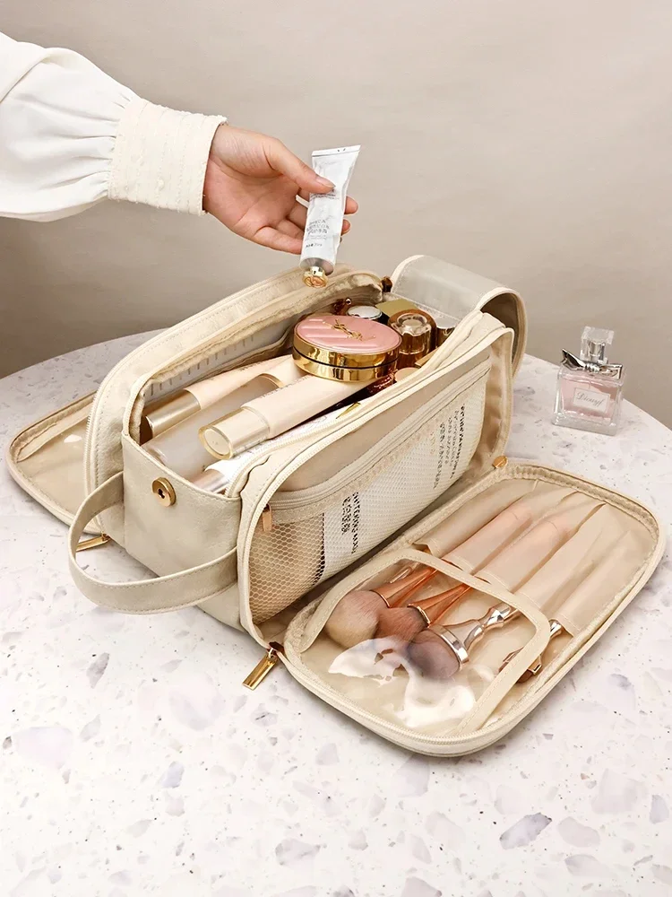 PU Leather Makeup Bag 💄 – Spacious Cosmetic Organizer with Compartments for Travel & Daily Use, Waterproof Toiletry Pouch, Stylish Storage for Skincare & Beauty Tools in Camel, Pink, Black, Houndstooth, White 4