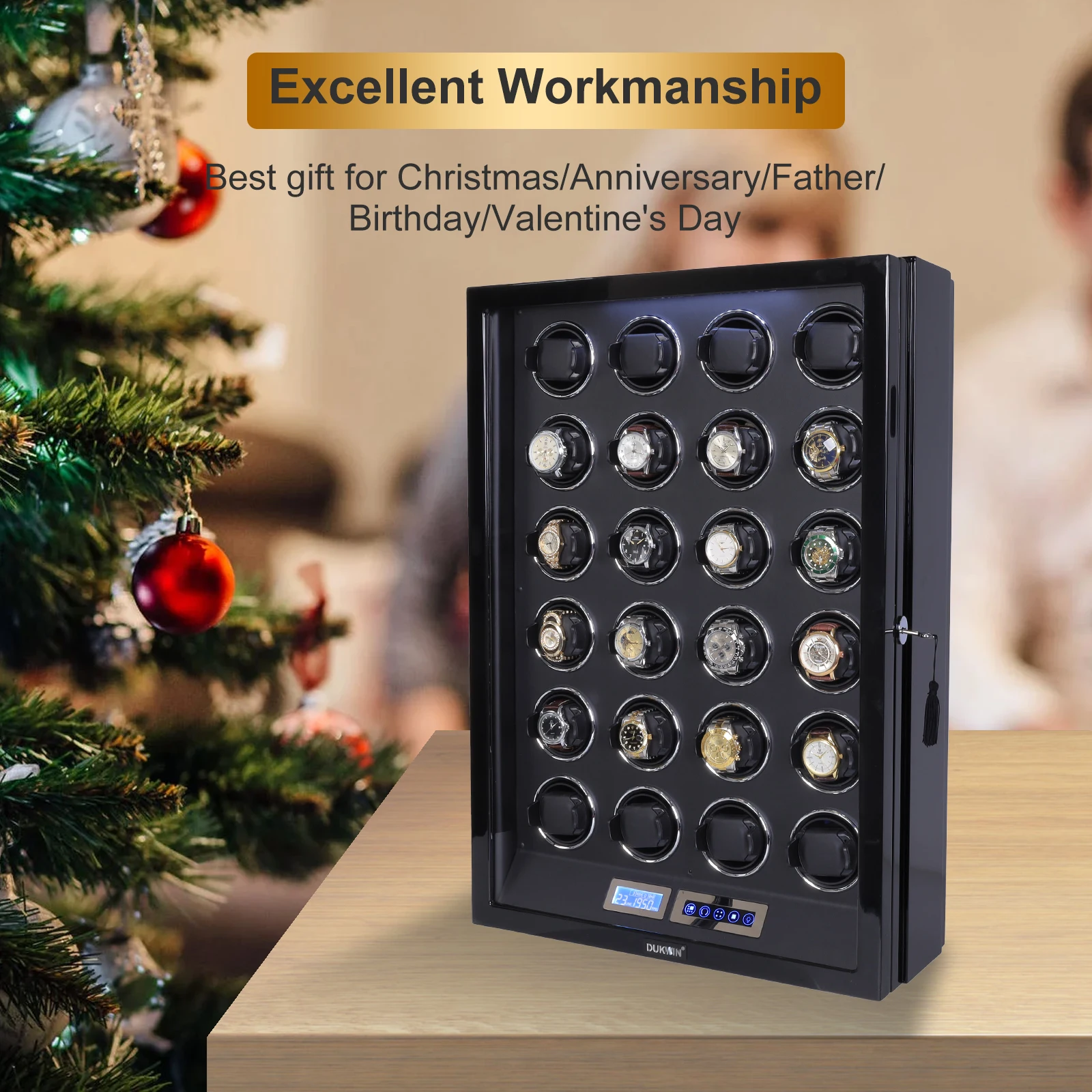 24-Slot Automatic Watch Winder with LCD Touchscreen, Remote Control, Ultra-Quiet Japanese Mabuchi Motors, Piano Finish, Lockable Display Case, LED Lighting, Adjustable TPD & Rotation - 图片 6